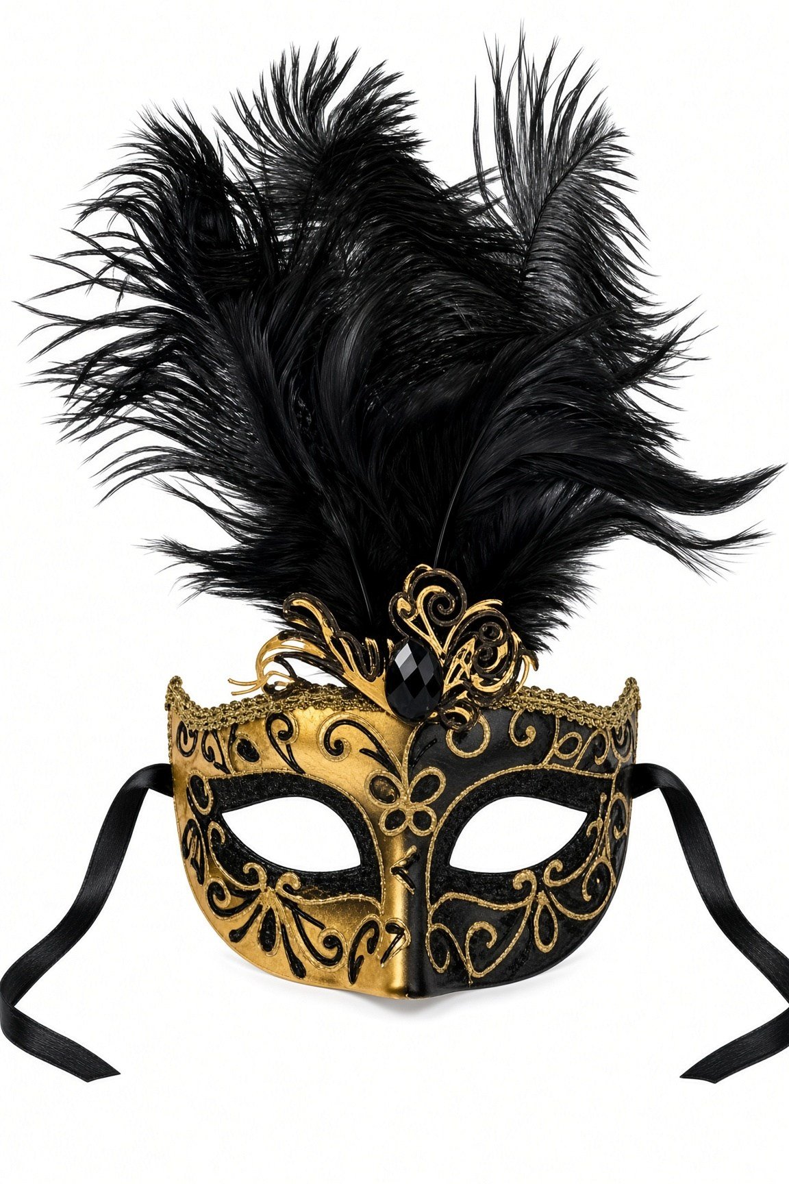 Maske Siyah Gold Tüylü Venedik Maskesi Taşlı Simli yılbaşı-halloween parti