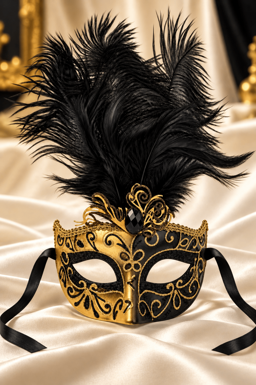 Maske Siyah Gold Tüylü Venedik Maskesi Taşlı Simli yılbaşı-halloween parti