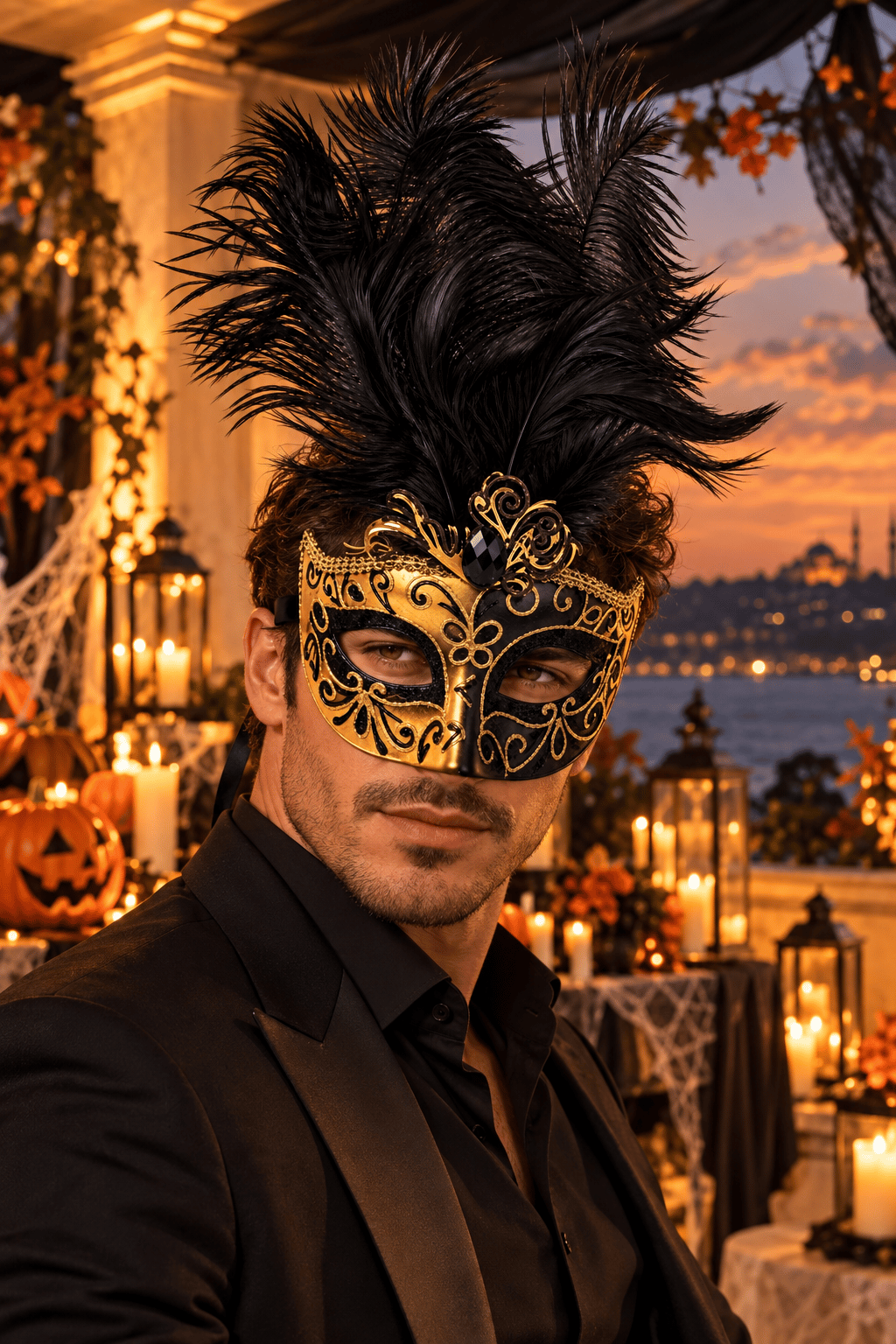 Maske Siyah Gold Tüylü Venedik Maskesi Taşlı Simli yılbaşı-halloween parti