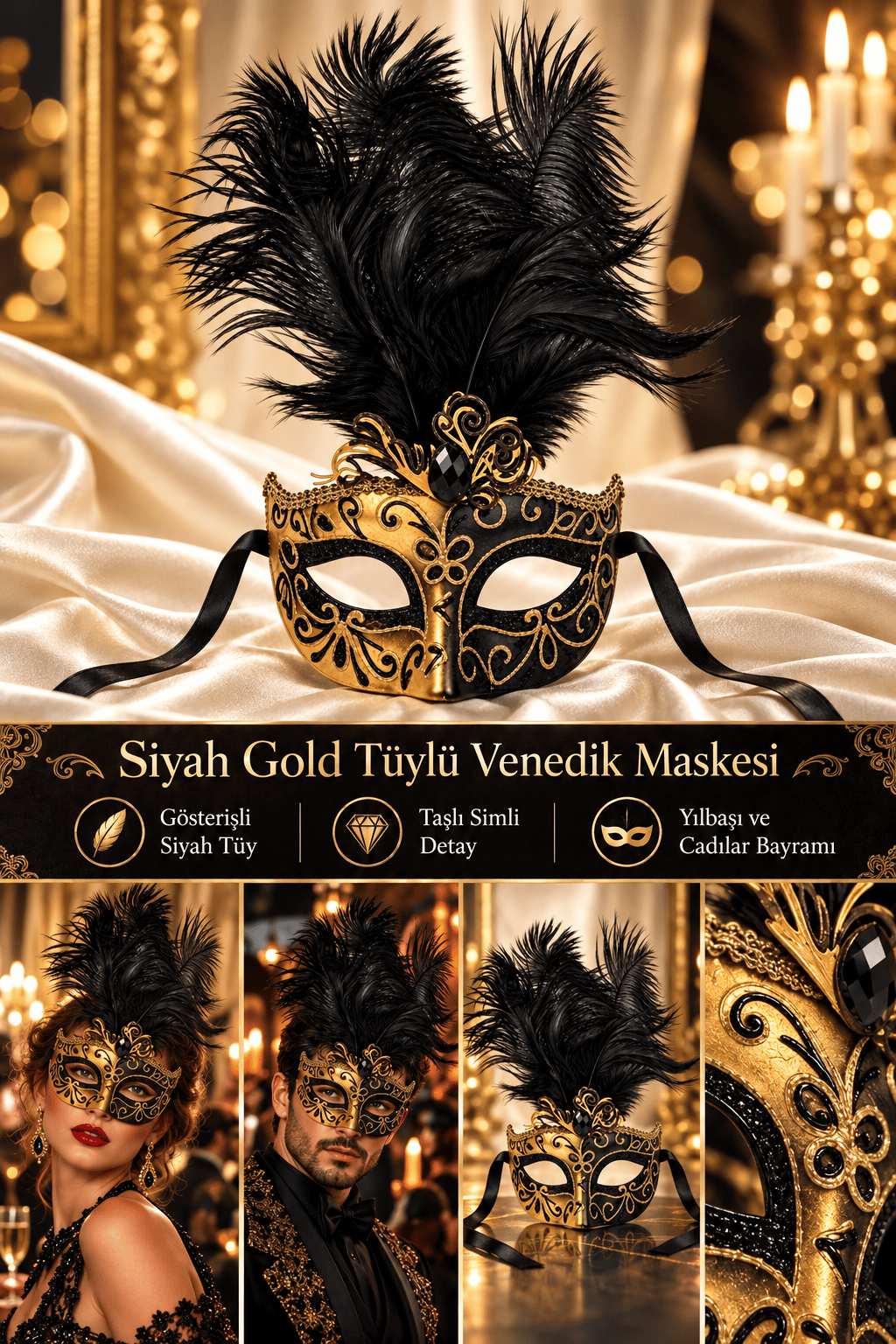 Maske Siyah Gold Tüylü Venedik Maskesi Taşlı Simli yılbaşı-halloween parti