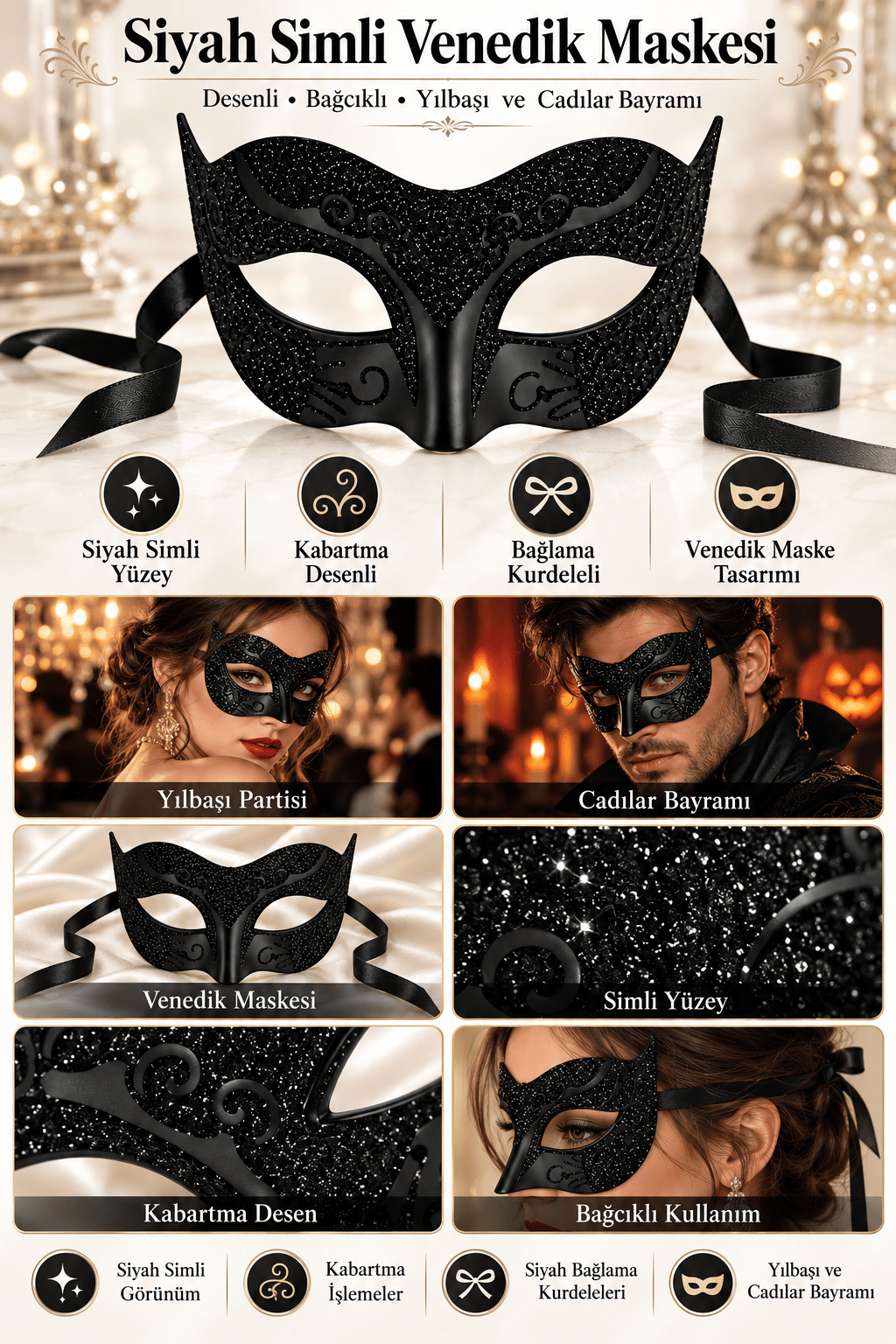 Maske Siyah Simli Venedik Maskesi Desenli Bağcıklı yılbaşı-halloween