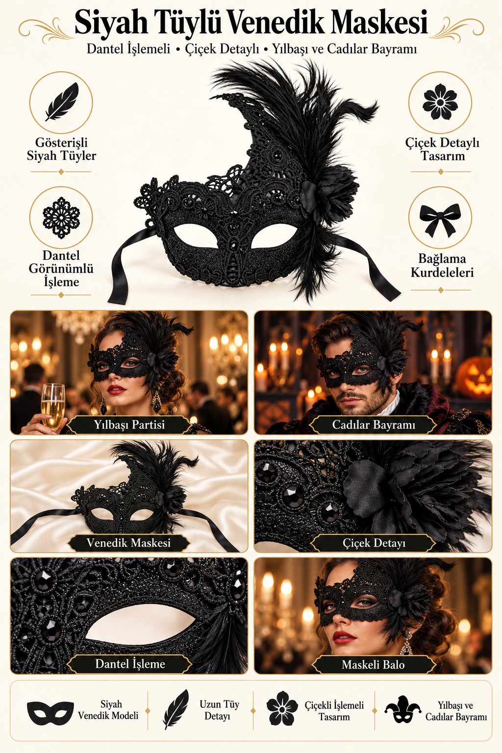 Maske Siyah Tüylü Venedik Maskesi Dantel İşlemeli Çiçek Detaylı yılbaşı-halloween