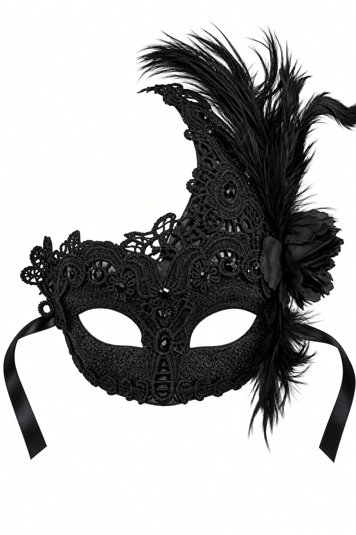 Maske Siyah Tüylü Venedik Maskesi Dantel İşlemeli Çiçek Detaylı yılbaşı-halloween