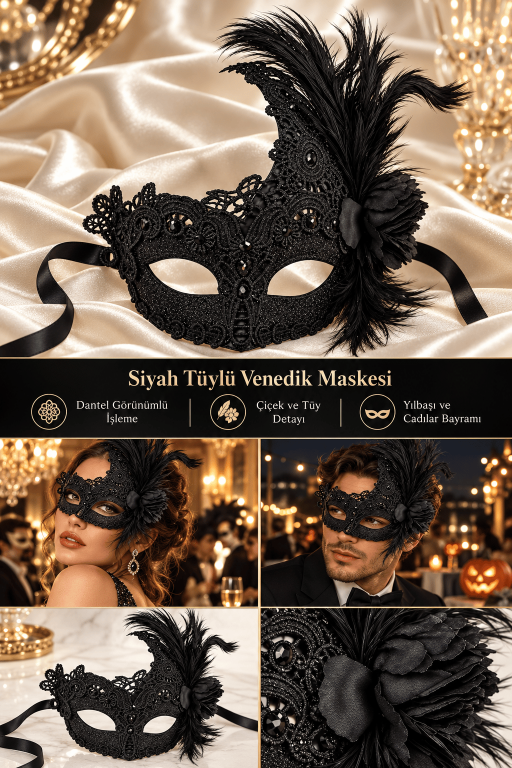 Maske Siyah Tüylü Venedik Maskesi Dantel İşlemeli Çiçek Detaylı yılbaşı-halloween