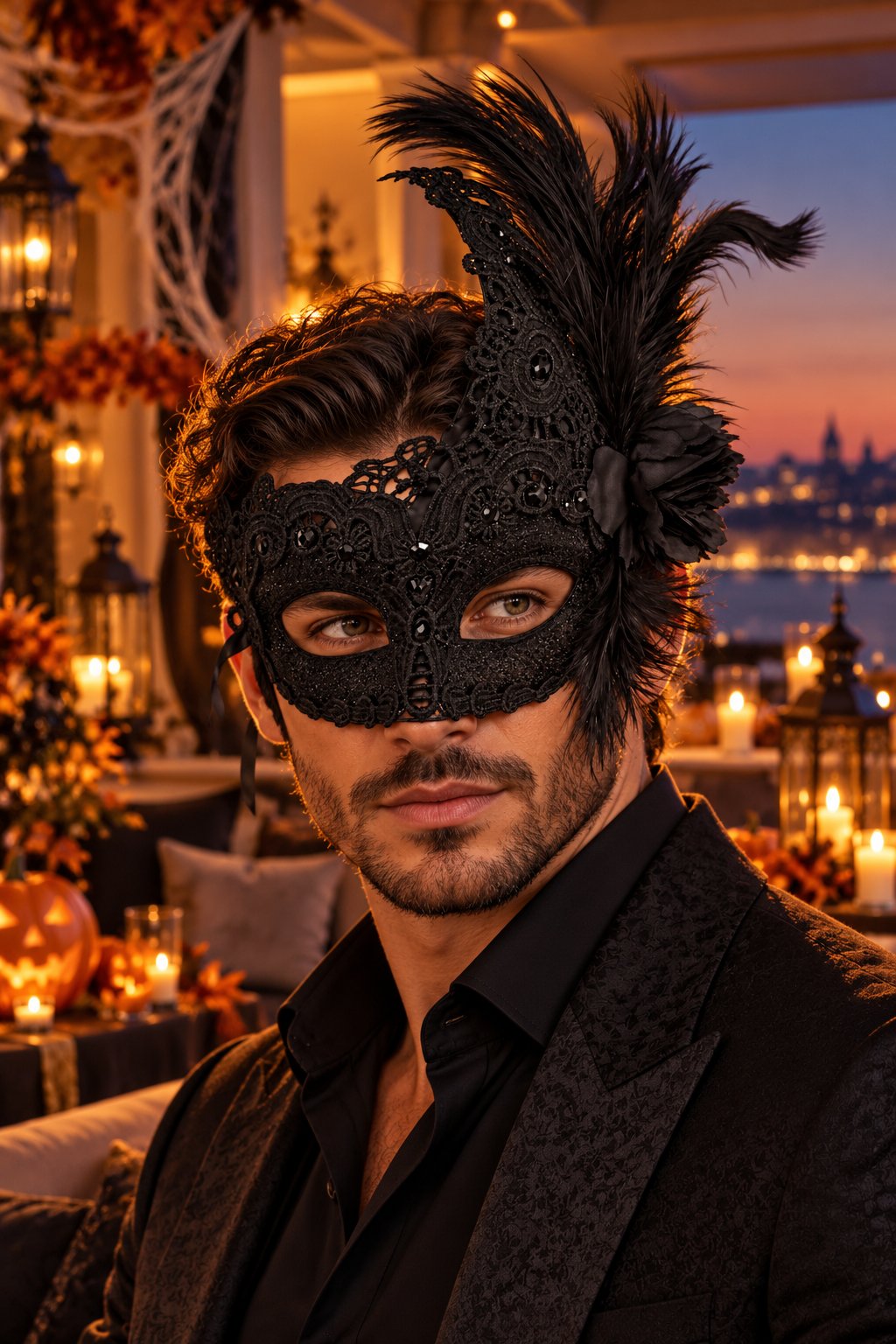 Maske Siyah Tüylü Venedik Maskesi Dantel İşlemeli Çiçek Detaylı yılbaşı-halloween