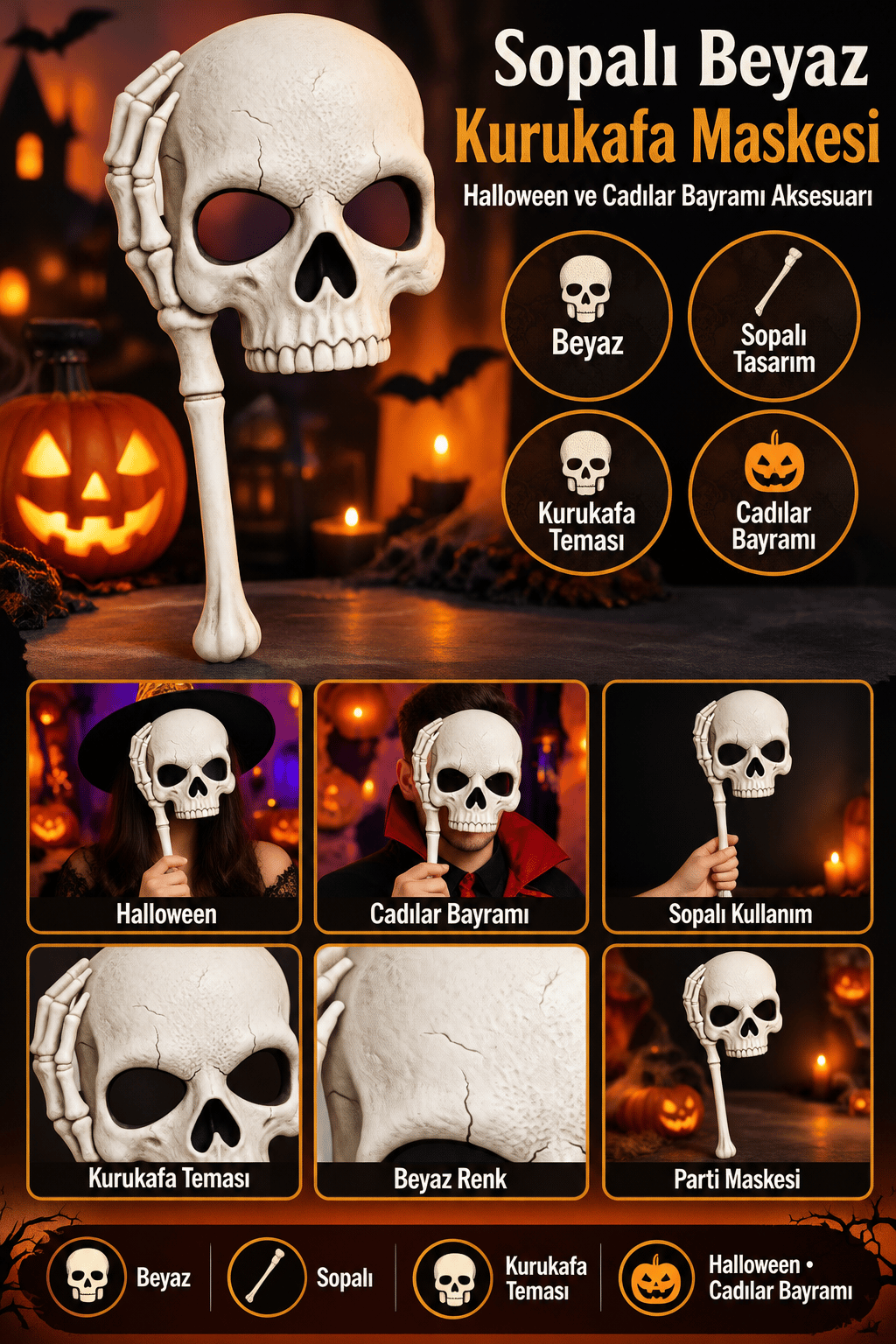 Maske Sopalı Kurukafa Maske Beyaz Halloween Cadılar Bayramı