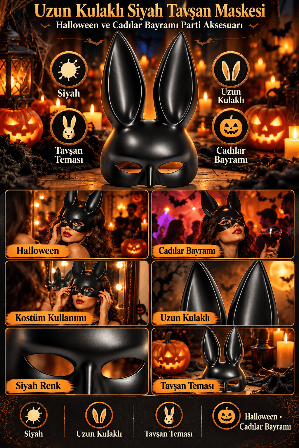 MaskeSiyah Tavşan Maskesi Uzun Kulaklı Bunny Maske Halloween