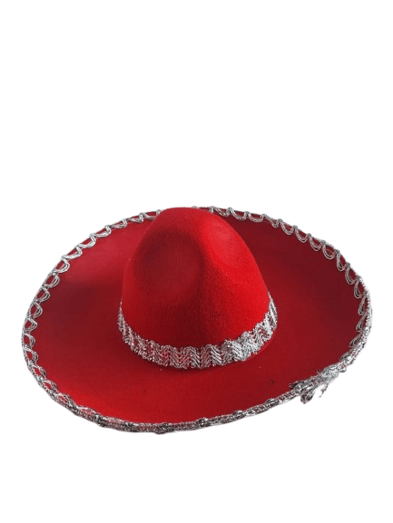 Meksika Mariachi Latin Şapkası Lüks 41cm Kırmızı Zemin üstüne gümüş sim kenarlıklı parti kostümü