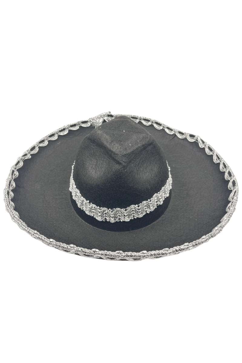 Meksika Mariachi Latin Şapkası Lüks 41cm Siyah Zemin üstüne Gümüş sim kenarlıklı parti kostümü