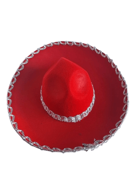 Meksika Mariachi Latin Şapkası Lüks 41cm Kırmızı Zemin üstüne gümüş sim kenarlıklı parti kostümü