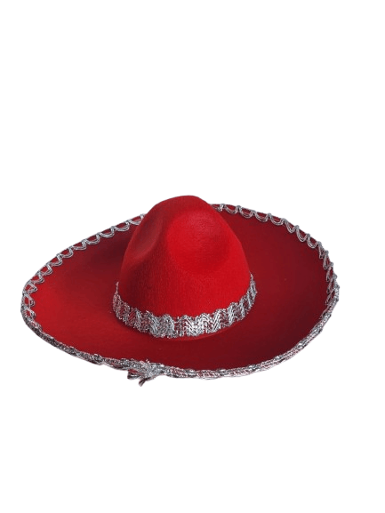 Meksika Mariachi Latin Şapkası Lüks 41cm Kırmızı Zemin üstüne gümüş sim kenarlıklı parti kostümü