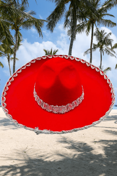 Meksika Mariachi Latin Şapkası Lüks 41cm Kırmızı Zemin üstüne gümüş sim kenarlıklı parti kostümü