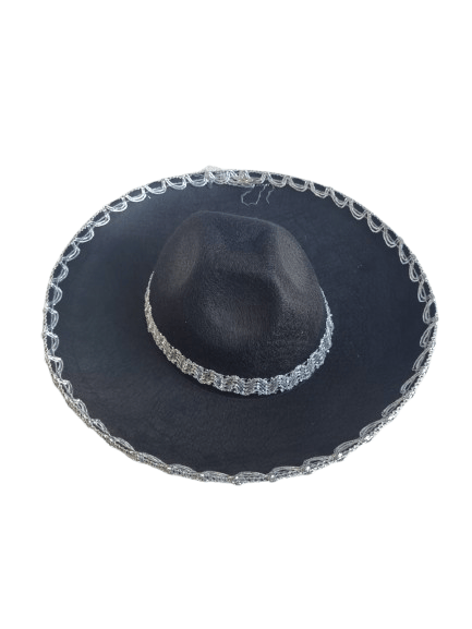 Meksika Mariachi Latin Şapkası Lüks 41cm Siyah Zemin üstüne Gümüş sim kenarlıklı parti kostümü