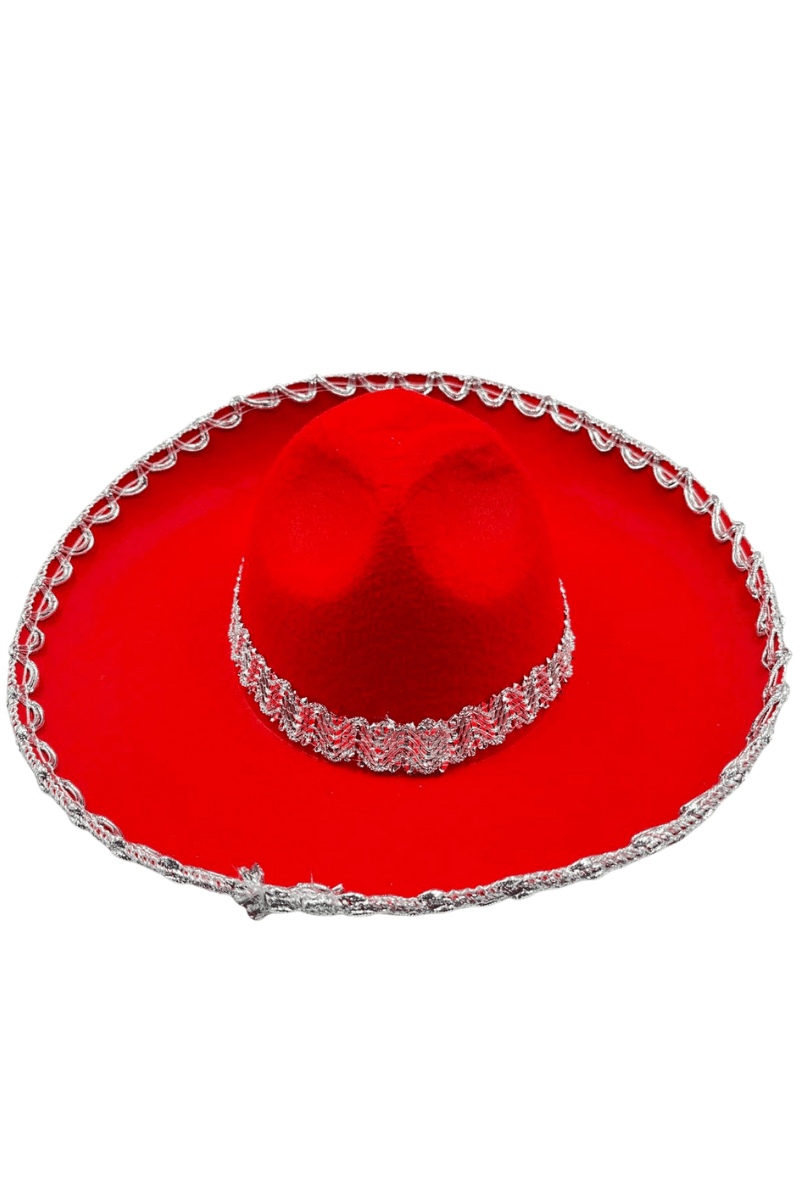 Meksika Mariachi Latin Şapkası Lüks 41cm Kırmızı Zemin üstüne gümüş sim kenarlıklı parti kostümü