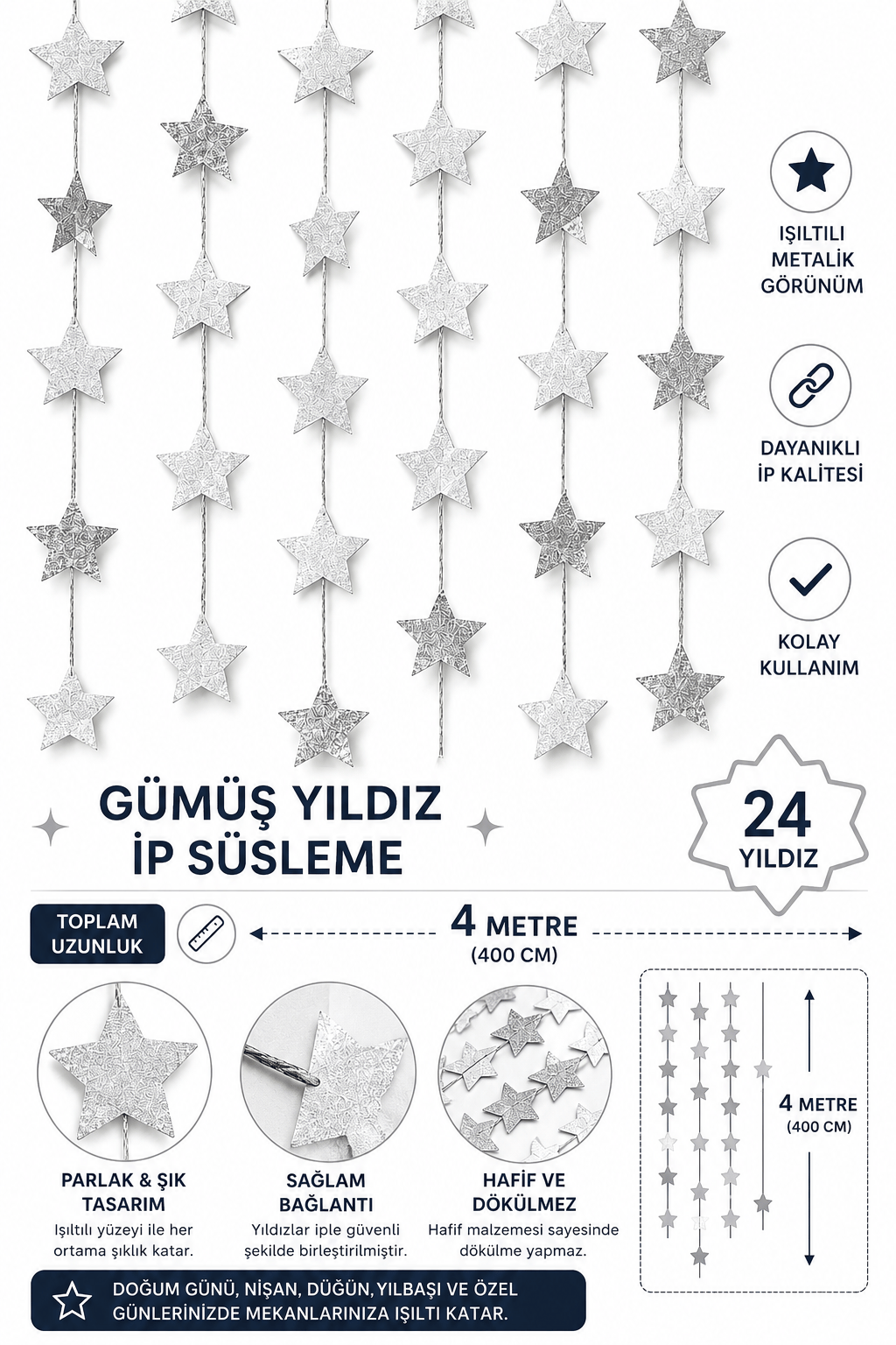 Metalik Yıldız Dekor Süs -Gümüş-İpli süs 4metre 24 parça