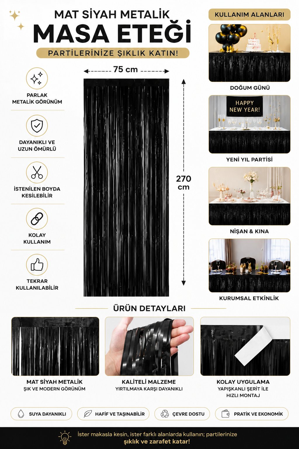 Metalize Mat Siyah Masa Eteği Fon Süs 270x75 Cm Parti Masa Dekorasyon ve Arka Fon Süsü