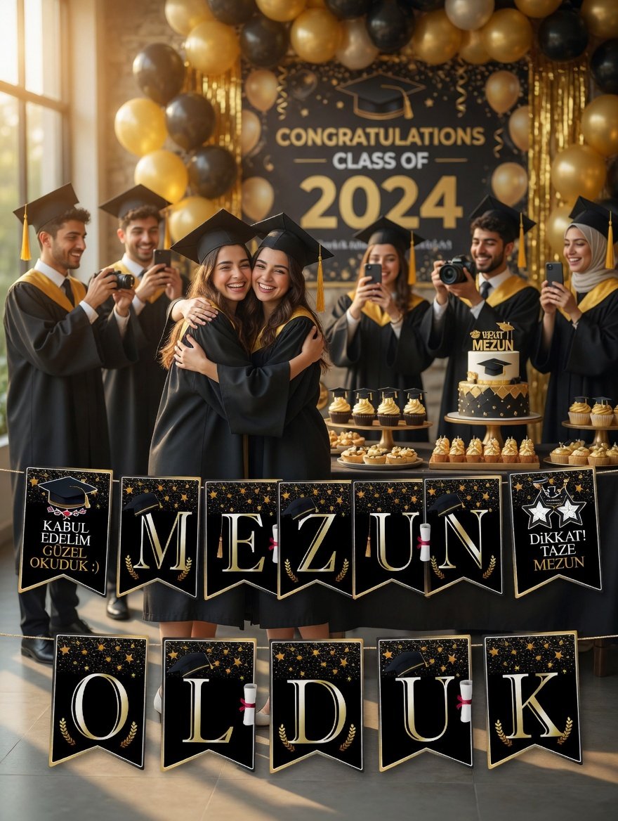 Mezun Olduk Mezuniyet Banner Siyah Gold 17x150cm