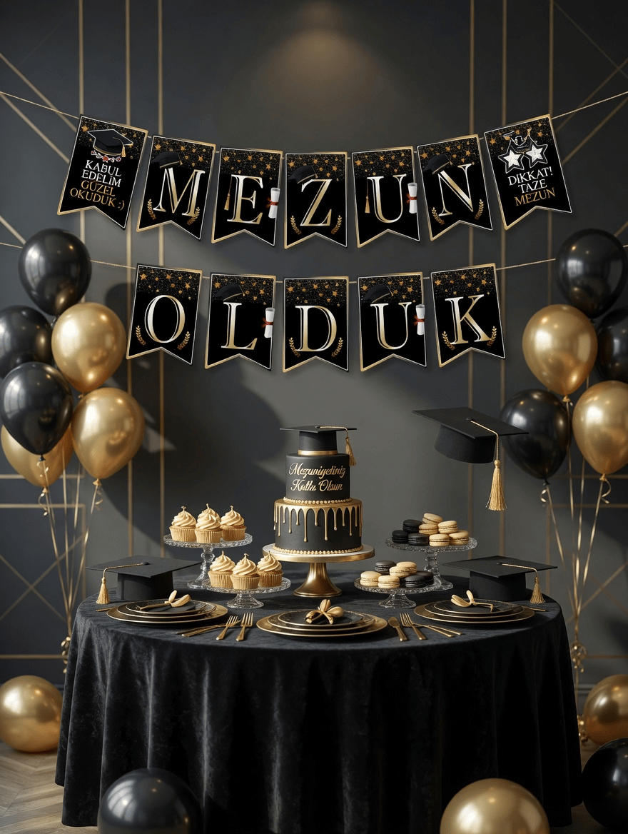 Mezun Olduk Mezuniyet Banner Siyah Gold 17x150cm