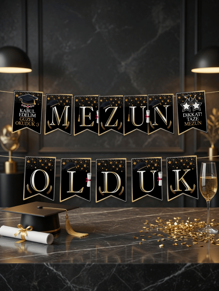 Mezun Olduk Mezuniyet Banner Siyah Gold 17x150cm