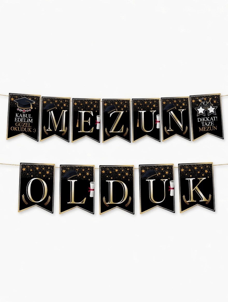 Mezun Olduk Mezuniyet Banner Siyah Gold 17x150cm