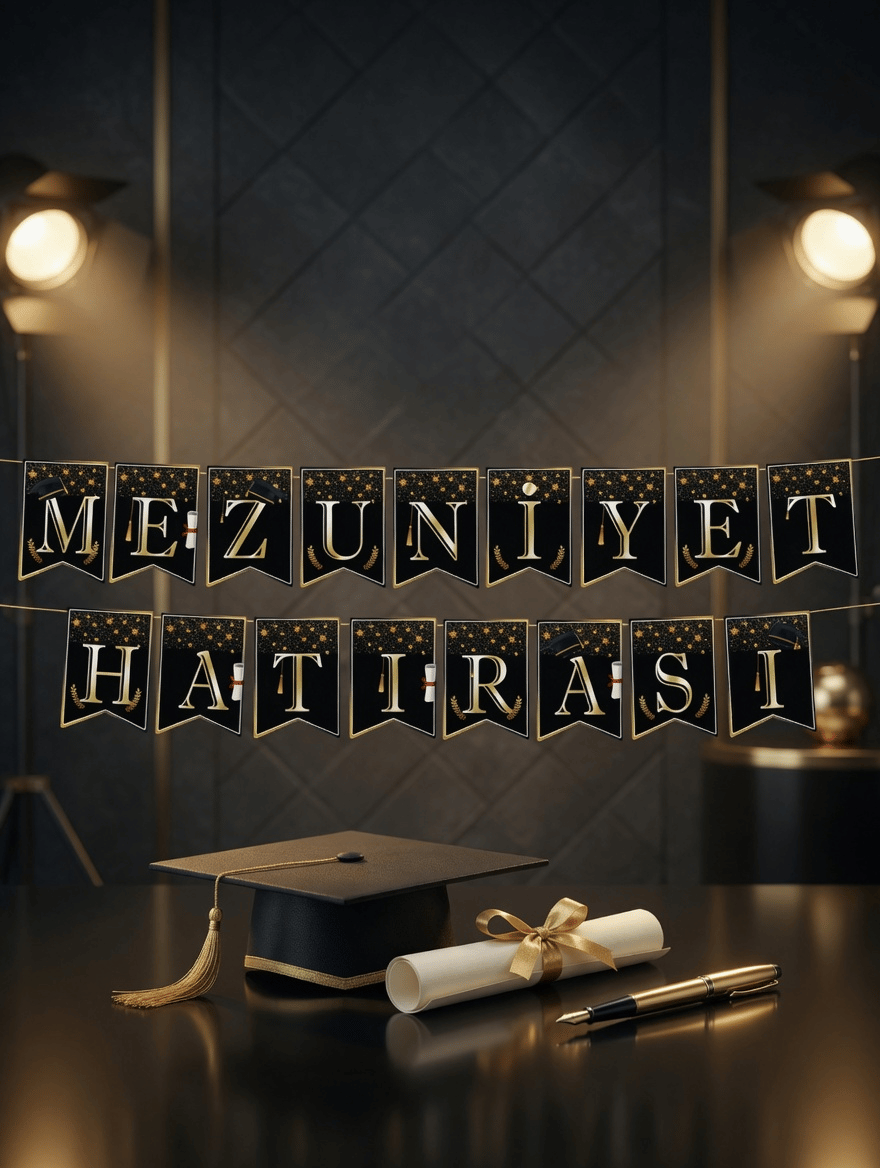 Mezuniyet Hatırası Banner Siyah Gold 17x170 ipli