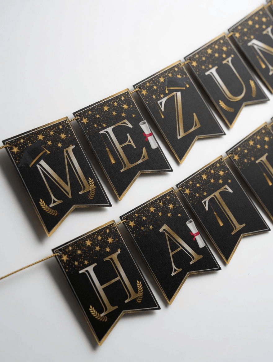 Mezuniyet Hatırası Banner Siyah Gold 17x170 ipli