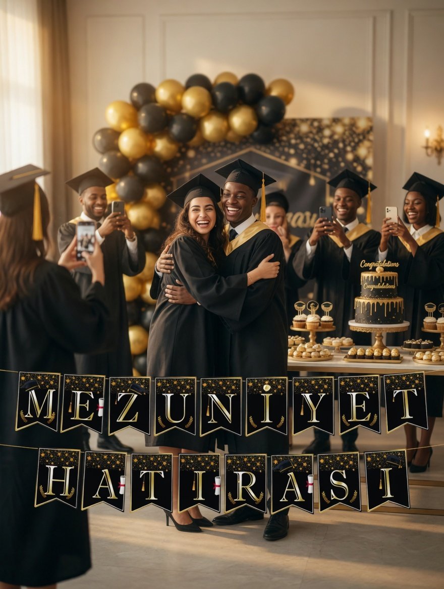 Mezuniyet Hatırası Banner Siyah Gold 17x170 ipli