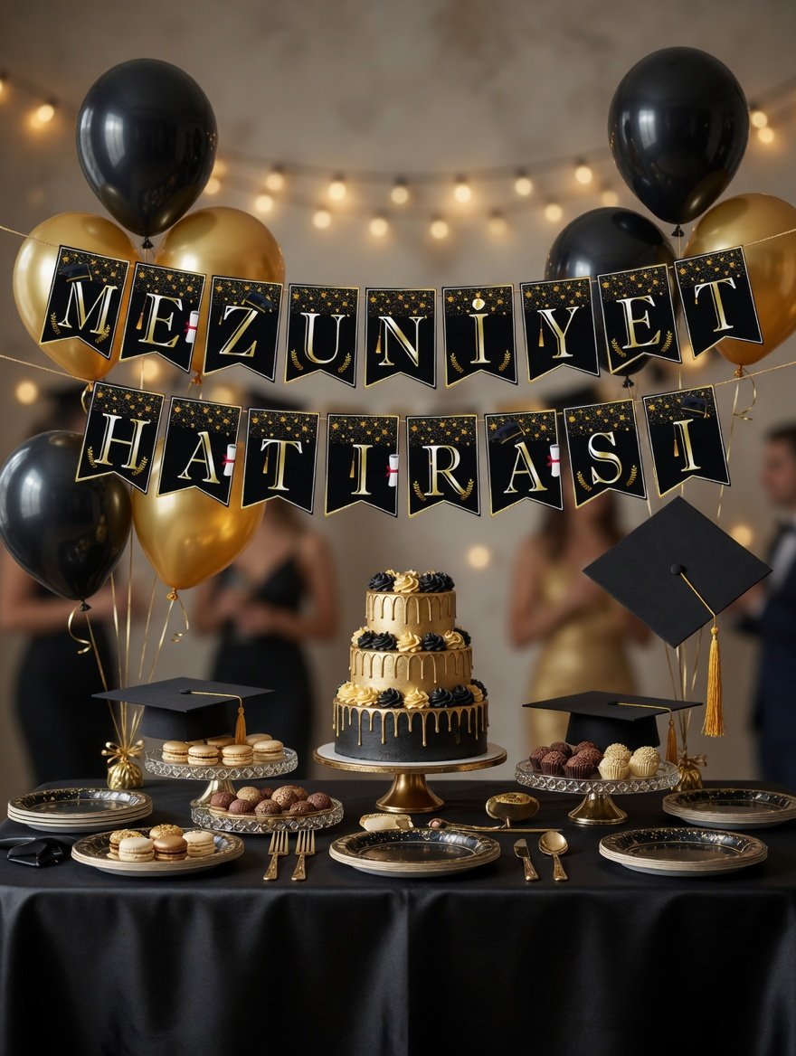 Mezuniyet Hatırası Banner Siyah Gold 17x170 ipli