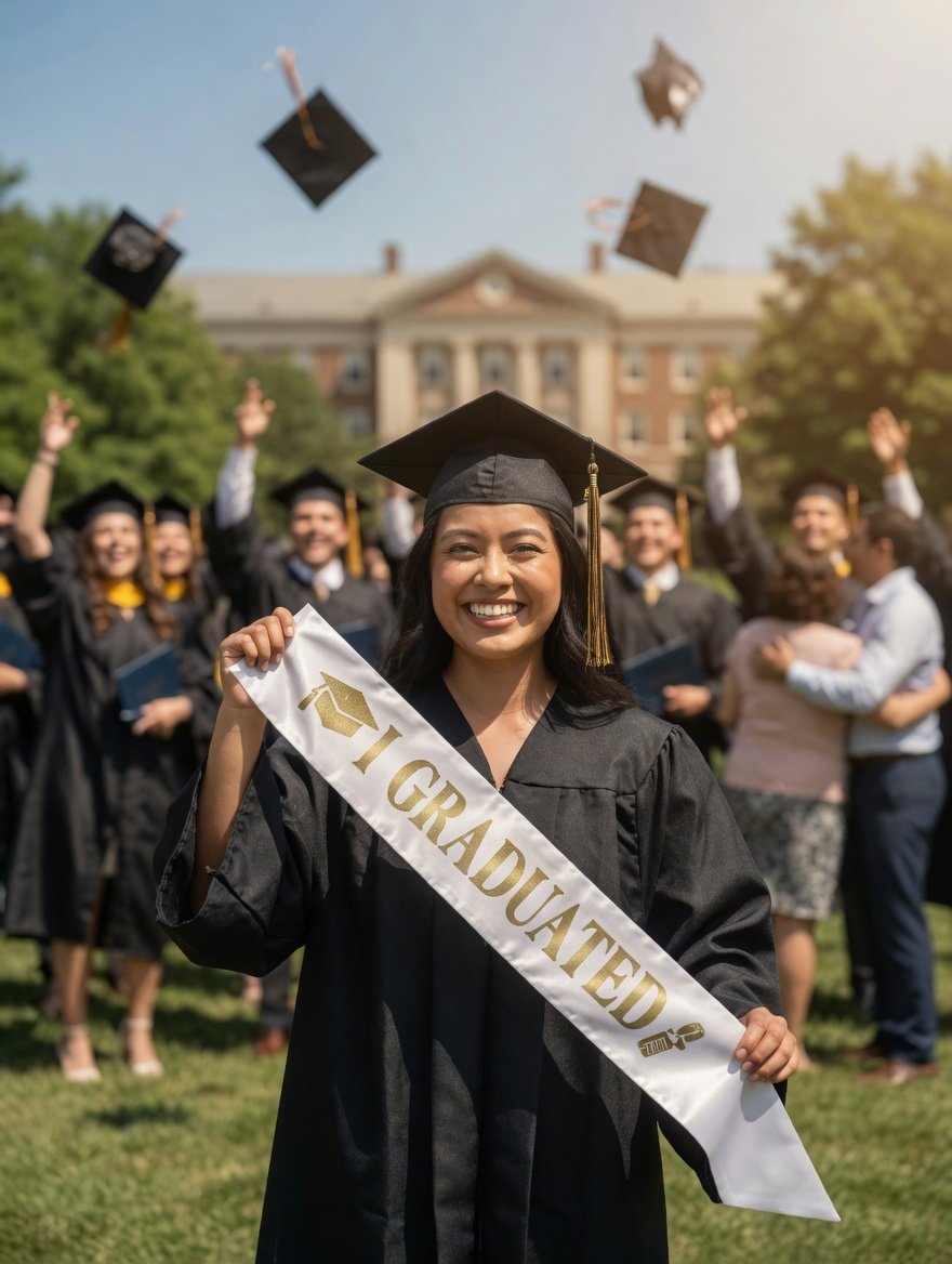 Mezuniyet Kuşağı Beyaz Üzeri Altın Baskılı Saten Varaklı I Graduated Yazılı