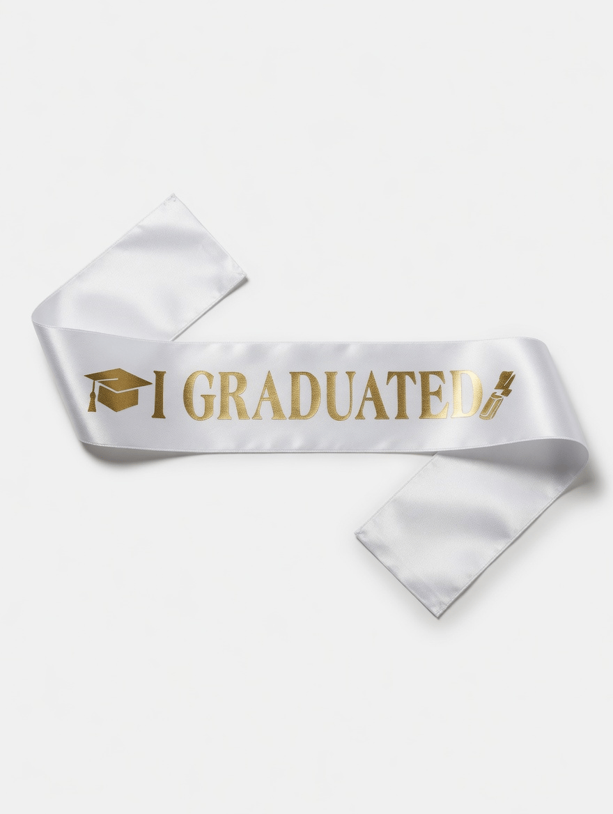 Mezuniyet Kuşağı Beyaz Üzeri Altın Baskılı Saten Varaklı I Graduated Yazılı