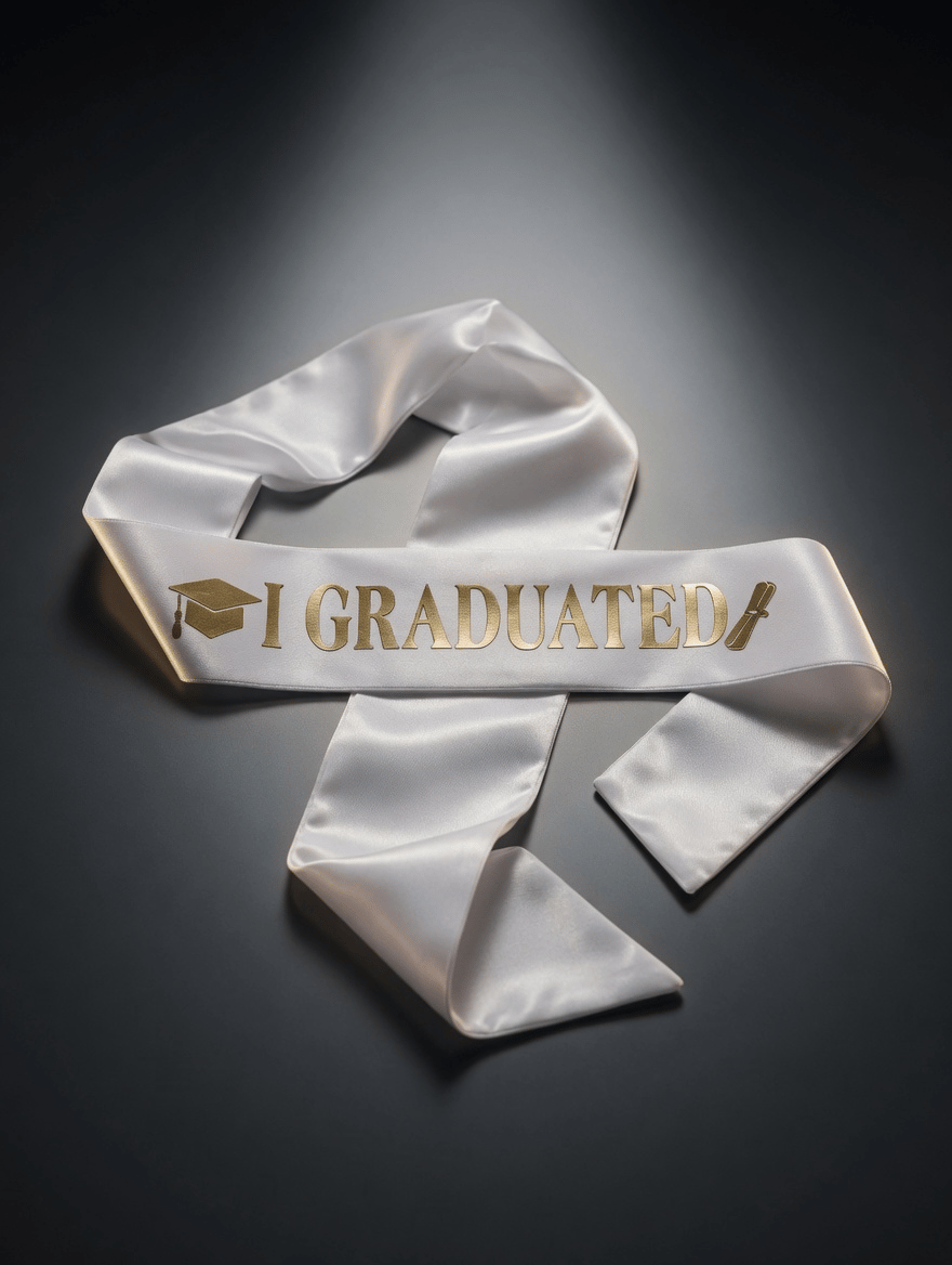 Mezuniyet Kuşağı Beyaz Üzeri Altın Baskılı Saten Varaklı I Graduated Yazılı
