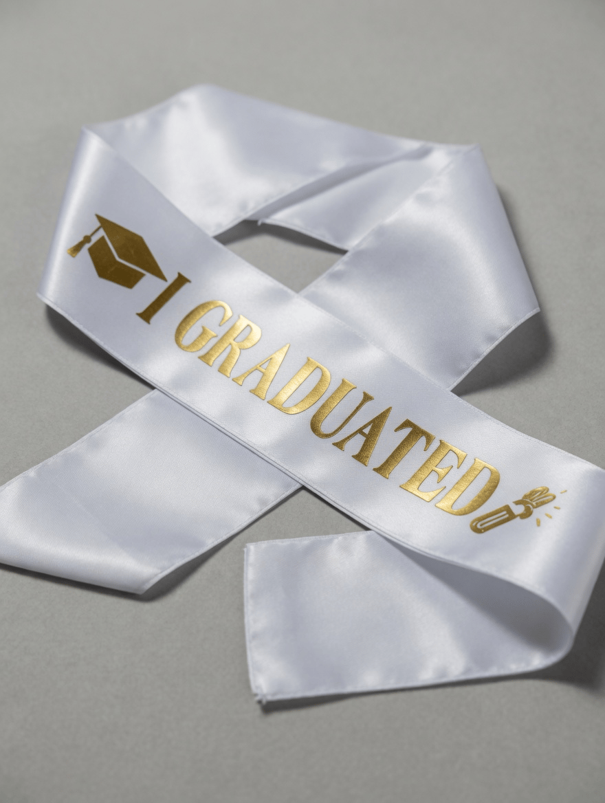 Mezuniyet Kuşağı Beyaz Üzeri Altın Baskılı Saten Varaklı I Graduated Yazılı
