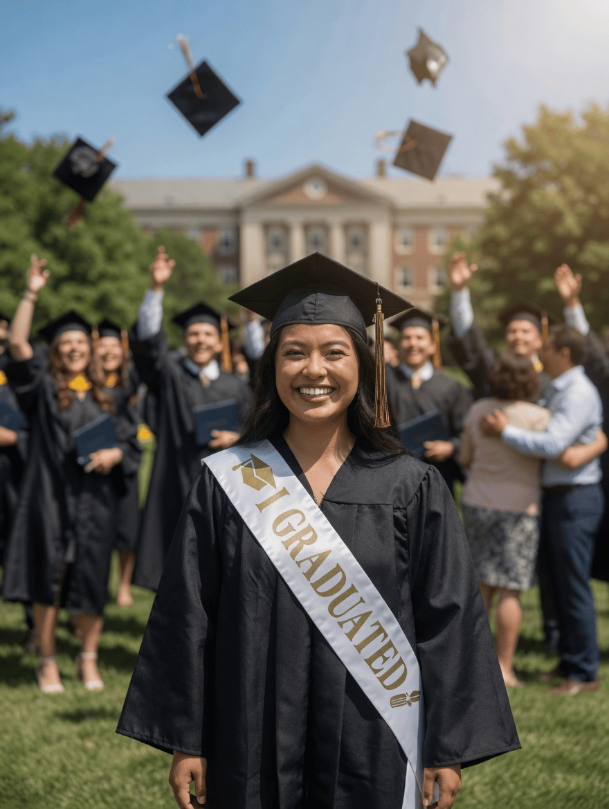 Mezuniyet Kuşağı Beyaz Üzeri Altın Baskılı Saten Varaklı I Graduated Yazılı