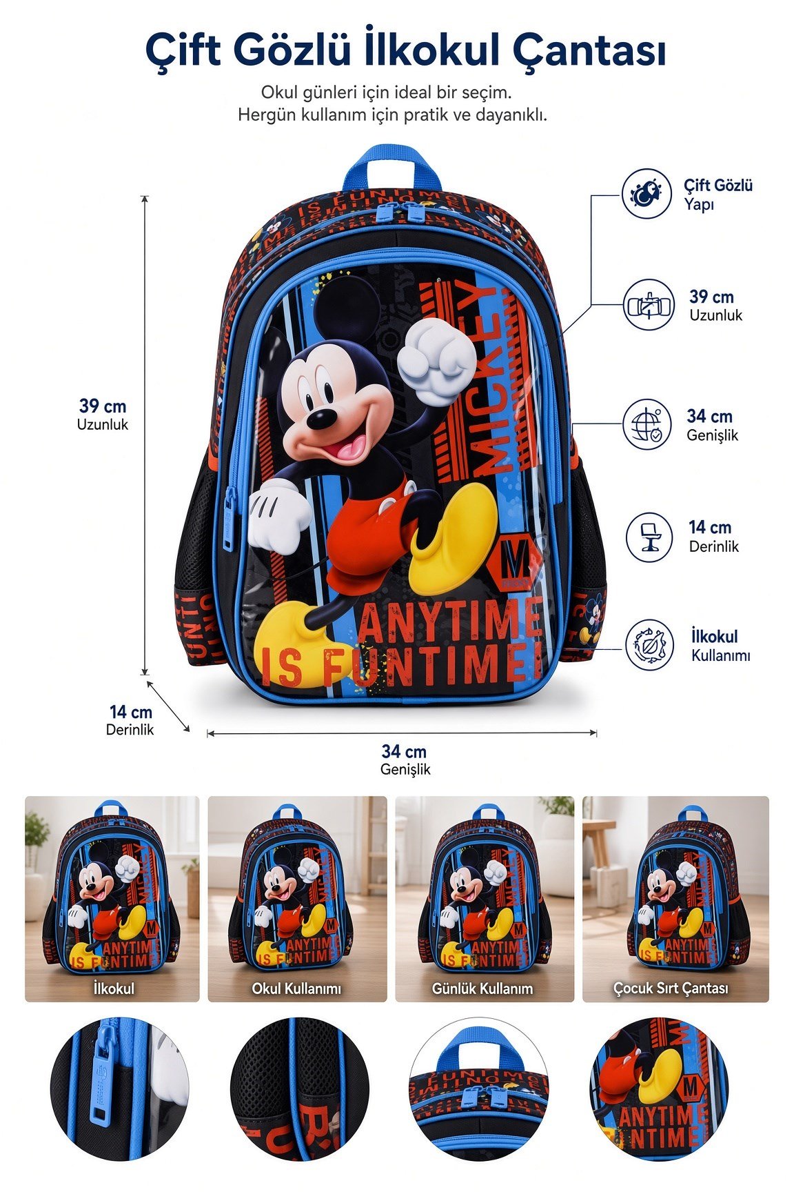 Mikro MİCKEY İLKOKUL çantası funtime 48334 çift gö