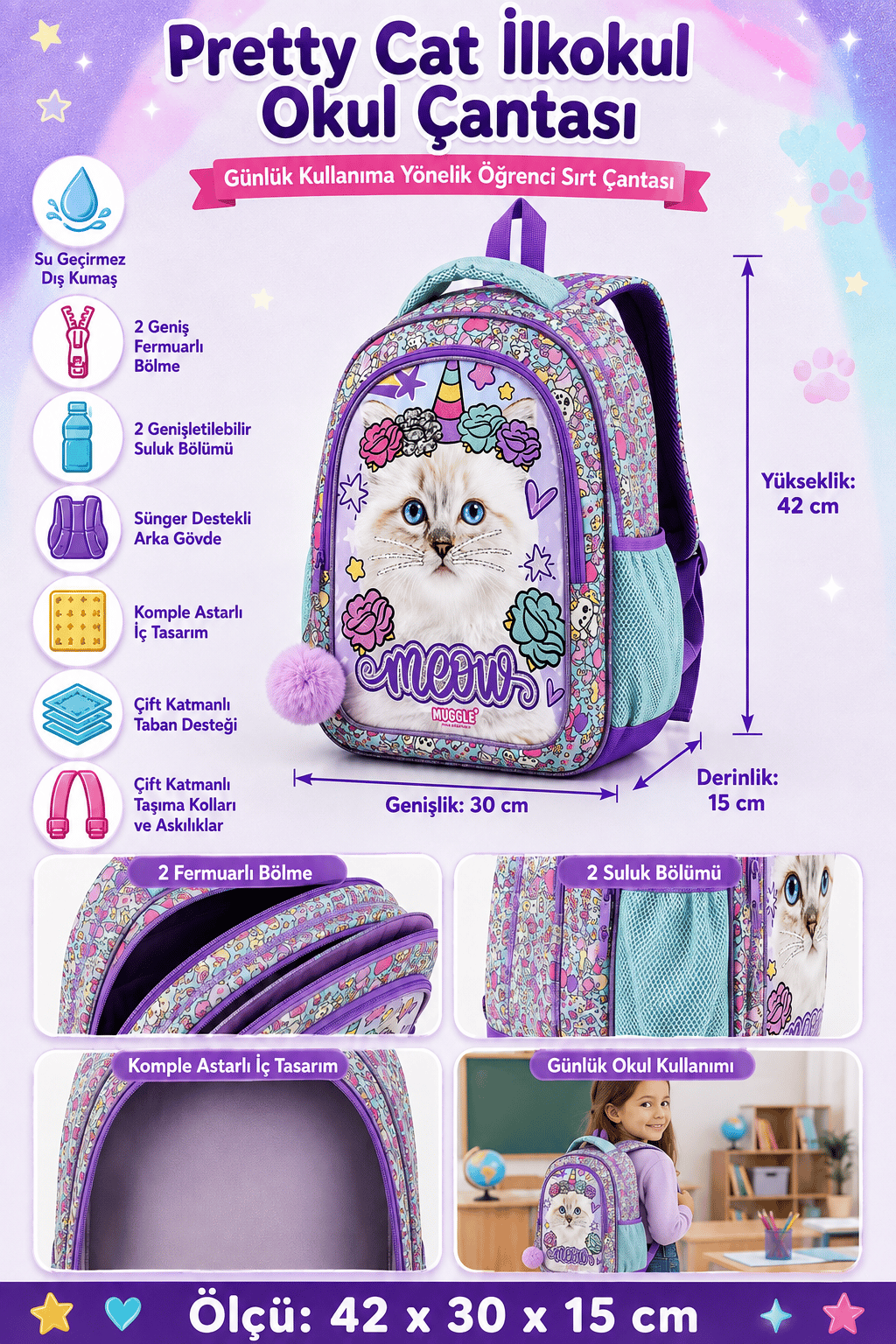 Mikro Muggle Pretty Cat İlkokul Çantası MU-9022