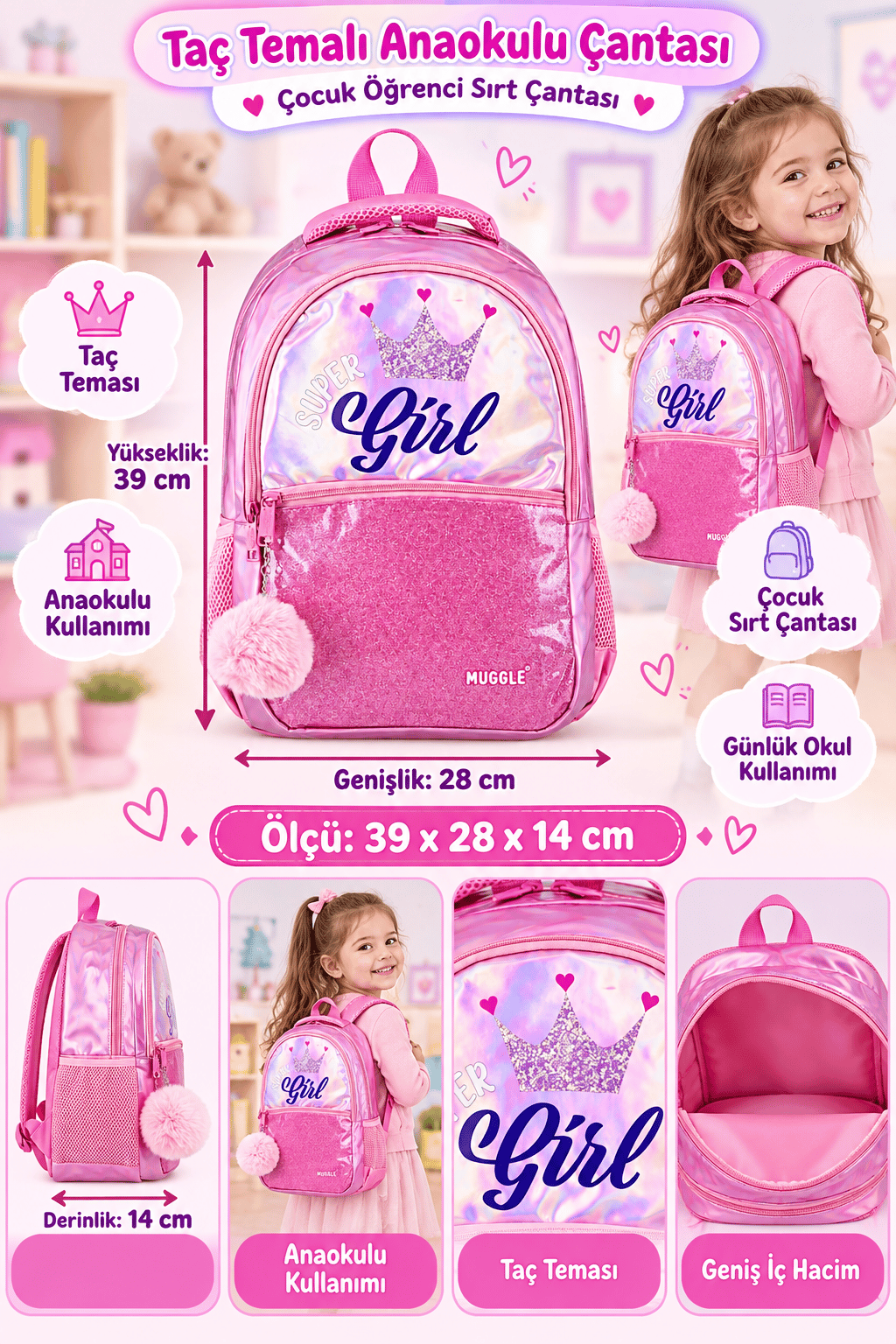 Mikro Muggle Süper Girl İlkokul Çantası MU-9039