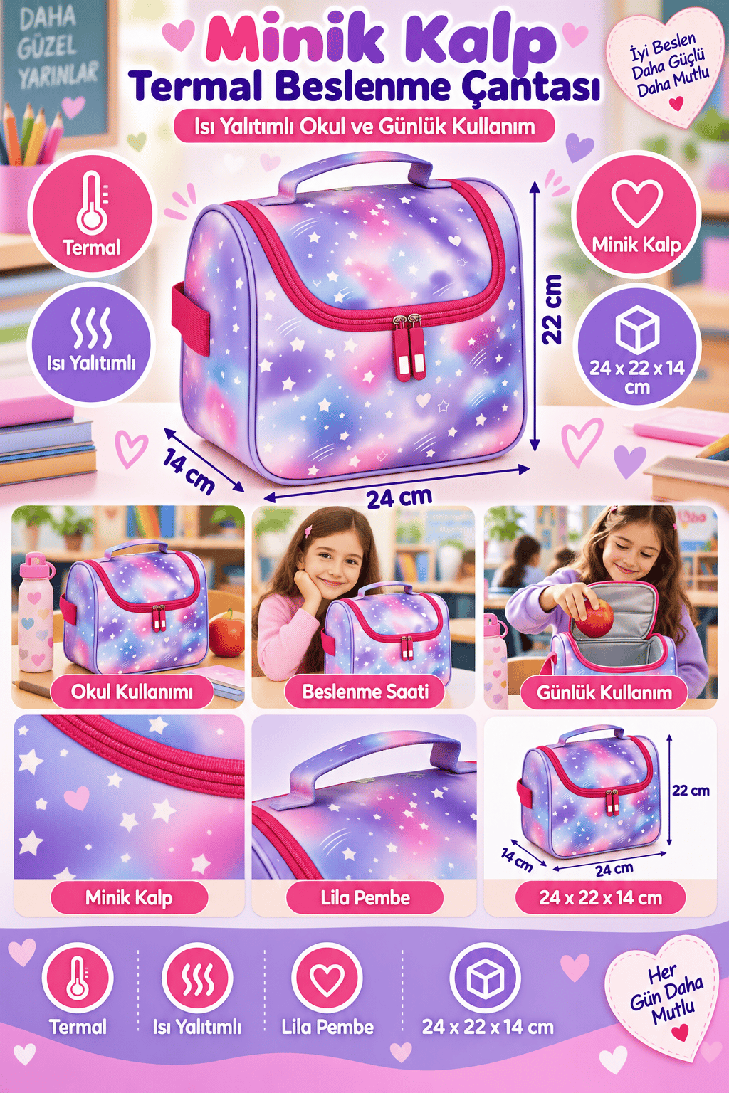 Minik Kalp Temalı Termal Isı Yalıtımlı Beslenme Çantası Çocuk Okul Lila Pembe 24x22x14 cm