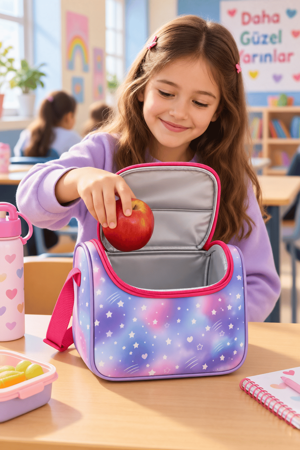 Minik Kalp Temalı Termal Isı Yalıtımlı Beslenme Çantası Çocuk Okul Lila Pembe 24x22x14 cm