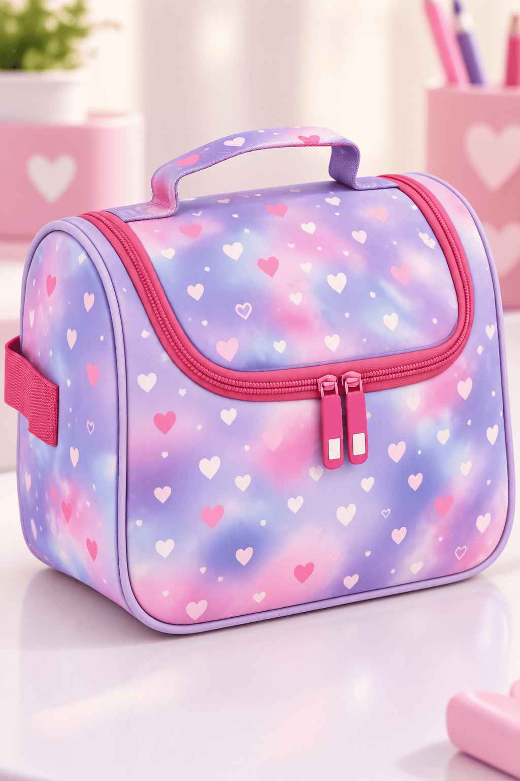 Minik Kalp Temalı Termal Isı Yalıtımlı Beslenme Çantası Çocuk Okul Lila Pembe 24x22x14 cm