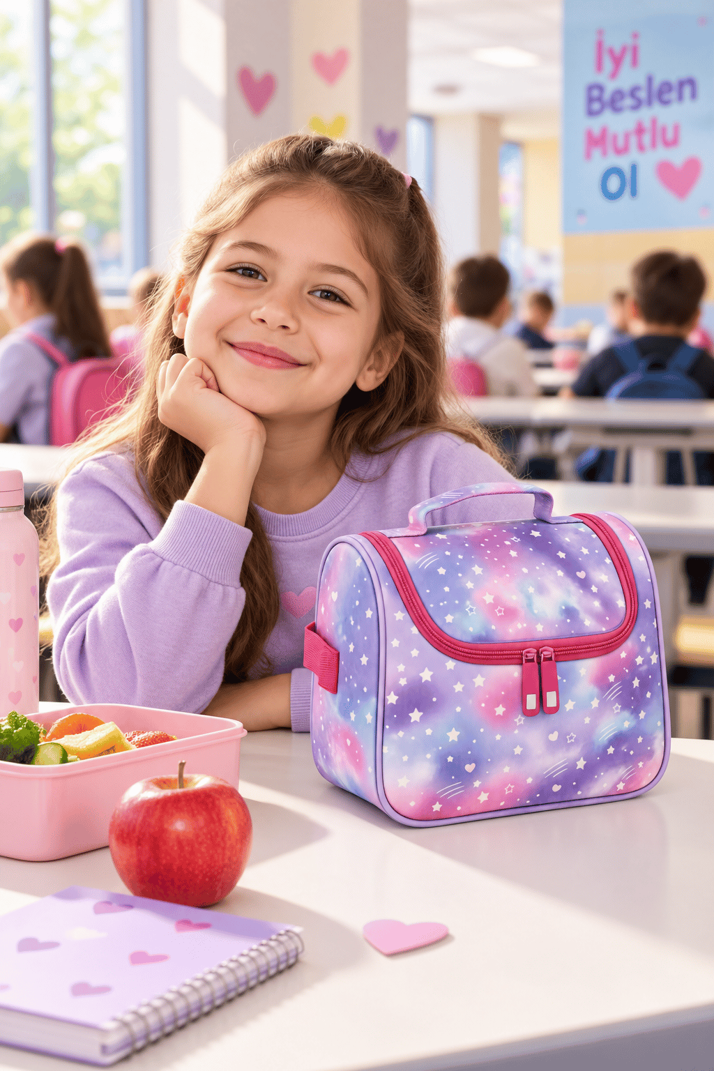 Minik Kalp Temalı Termal Isı Yalıtımlı Beslenme Çantası Çocuk Okul Lila Pembe 24x22x14 cm