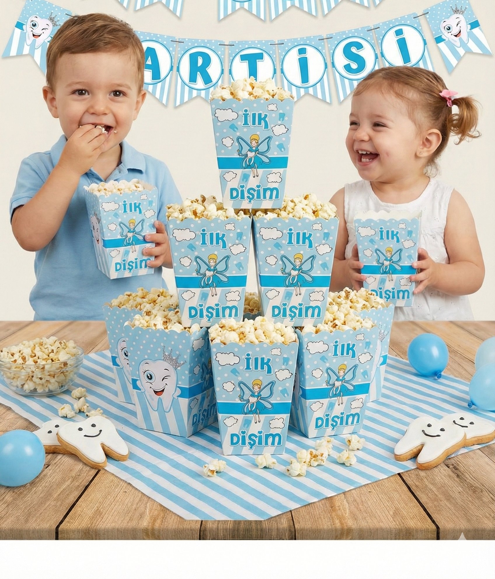 Mısır Kutusu Diş Partisi pop corn 8 li Erkek Mavi Partisi Diş Buğdayı