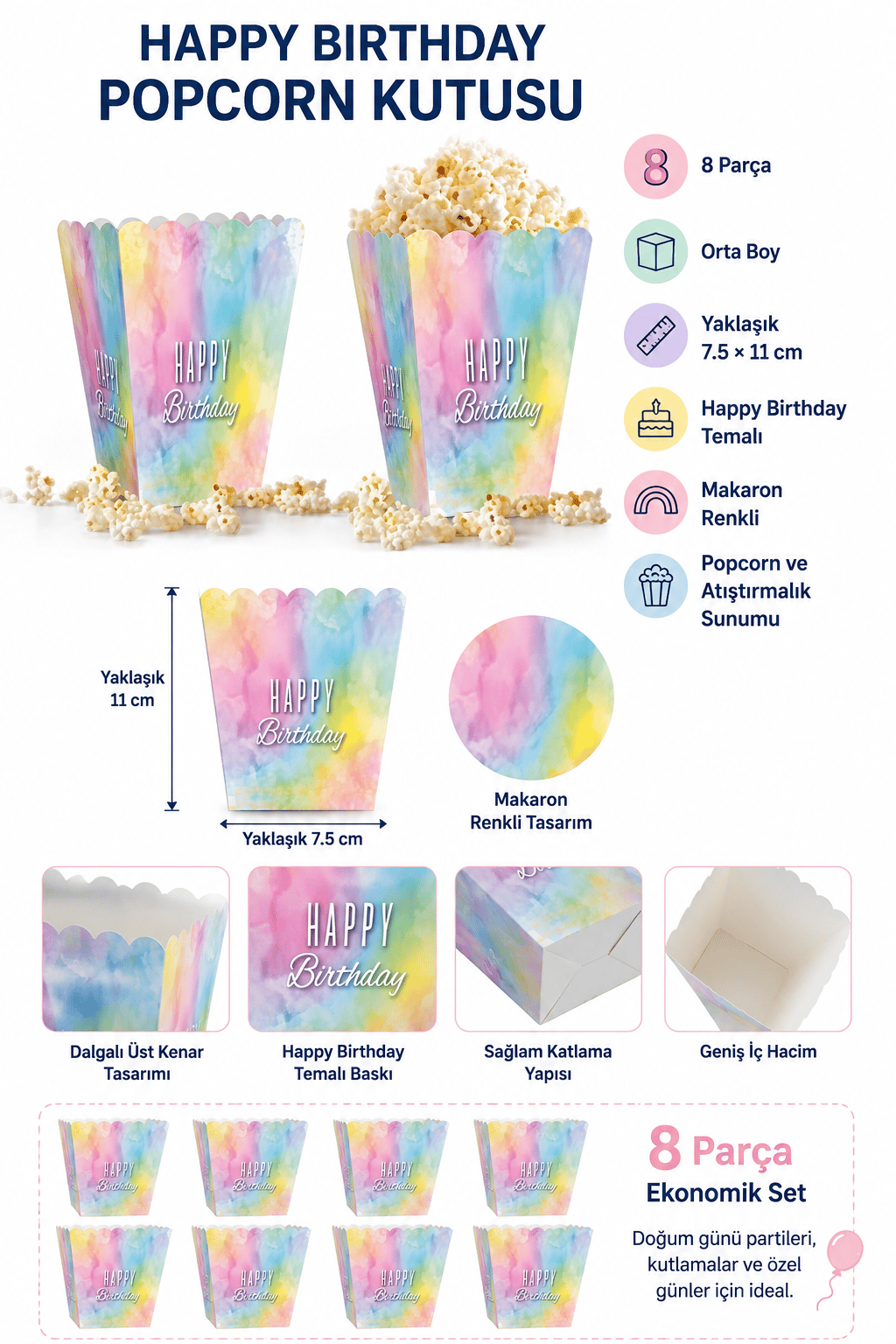 Mısır Kutusu Pop Corn Happy Birthday makaron 8li