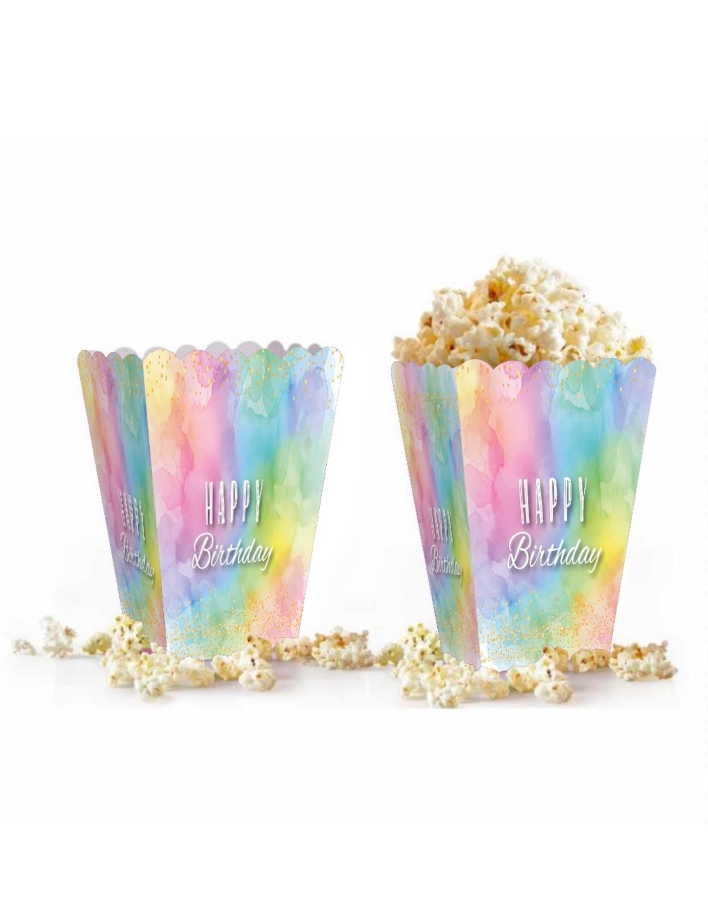 Mısır Kutusu Pop Corn Happy Birthday yazılı Makaron Renklerde  8 li Paket Doğum Günü Eğlencesi