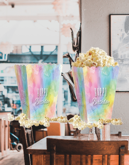 Mısır Kutusu Pop Corn Happy Birthday yazılı Makaron Renklerde  8 li Paket Doğum Günü Eğlencesi