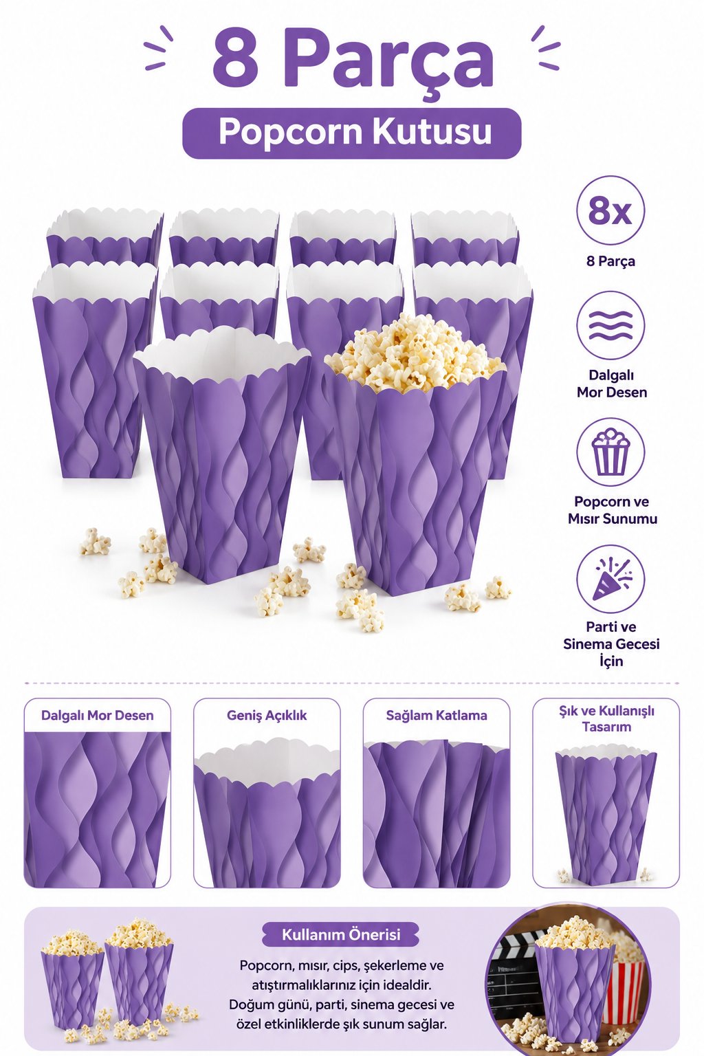 Mısır Kutusu Pop Corn Kutusu Dalgalı Mor Desenli / 8 Parça