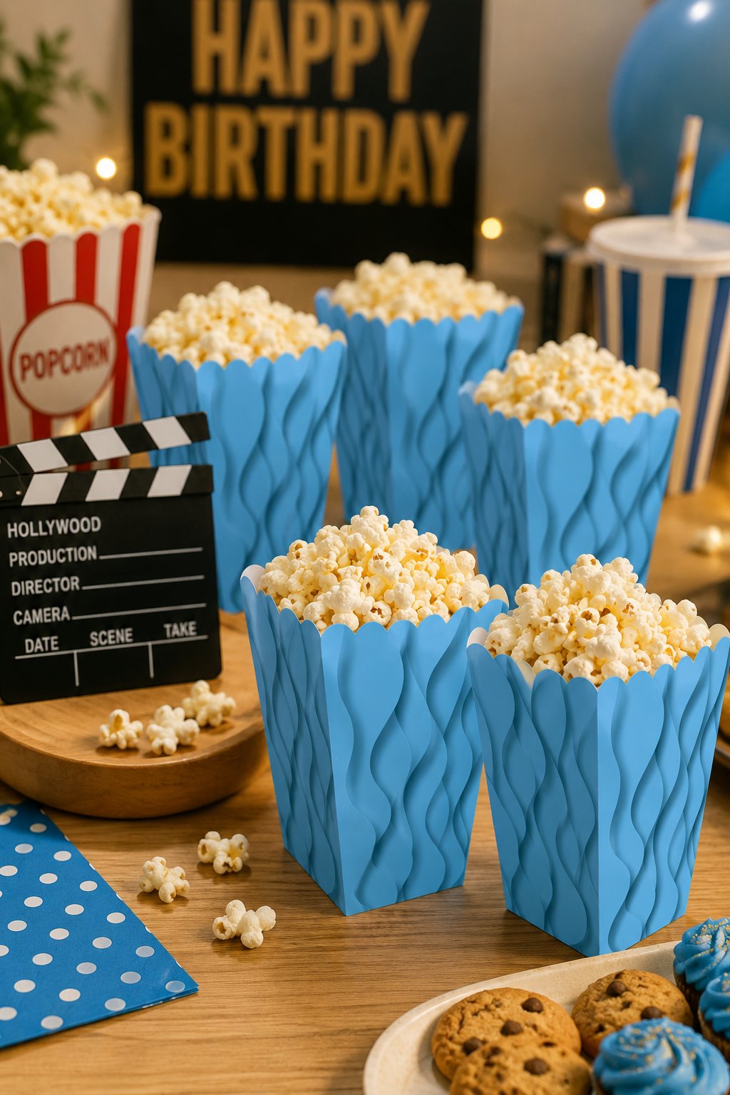 Mısır Kutusu Pop Corn Kutusu Dalgalı Mavi Desenli / 8 Parça