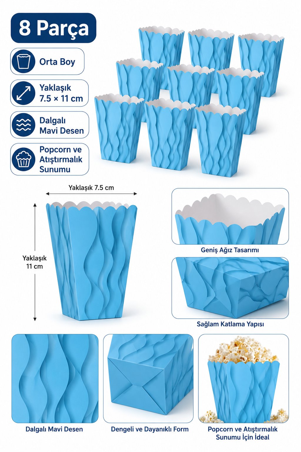 Mısır Kutusu Pop Corn Kutusu Dalgalı Mavi Desenli / 8 Parça