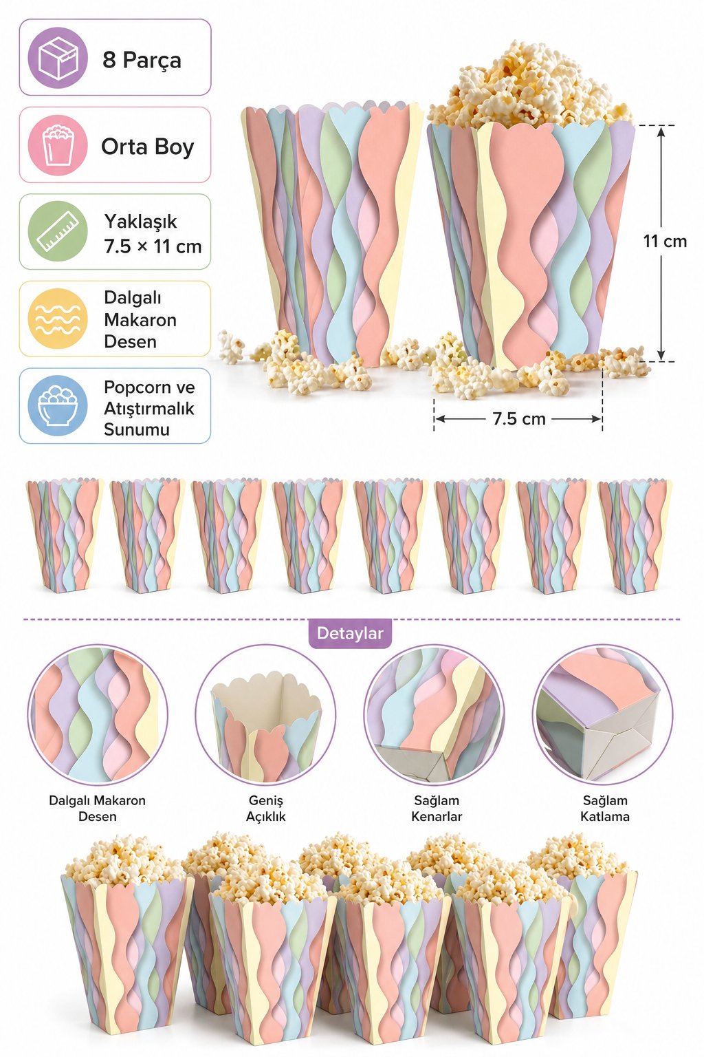 Mısır Kutusu Pop Corn Kutusu Dalgalı Makaron Desenli / 8 Parça