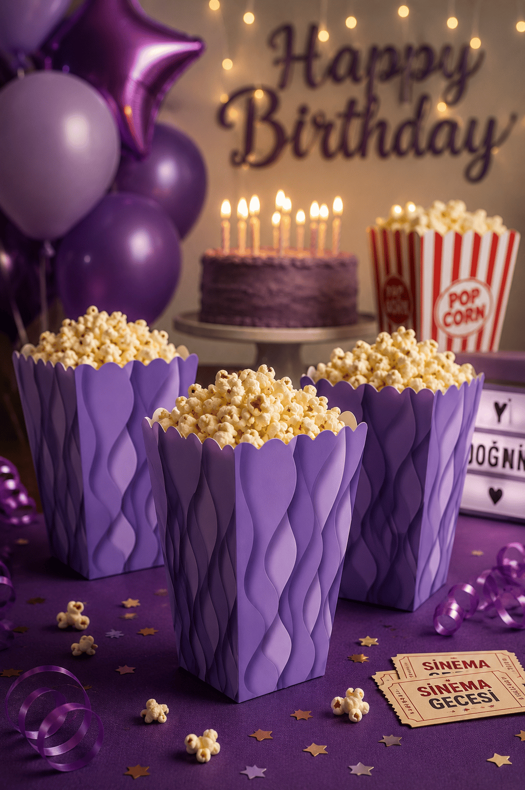 Mısır Kutusu Pop Corn Kutusu Dalgalı Mor Desenli / 8 Parça