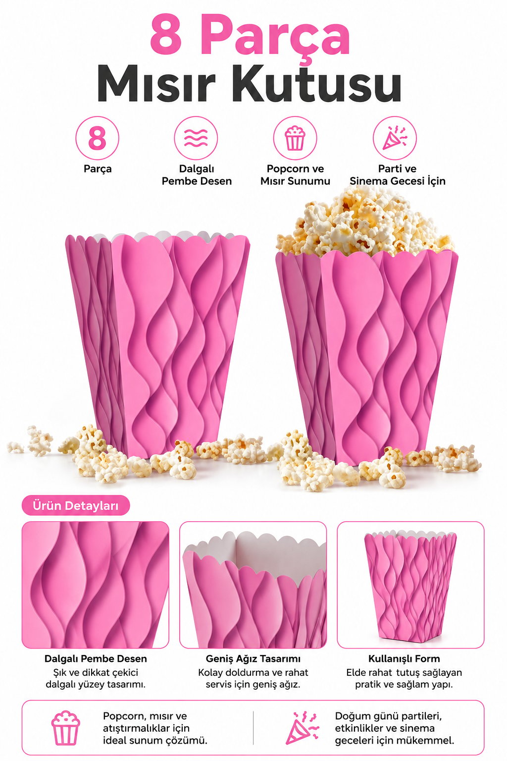 Mısır Kutusu Pop Corn Kutusu  Dalgalı Pembe Desenli / 8 Parça